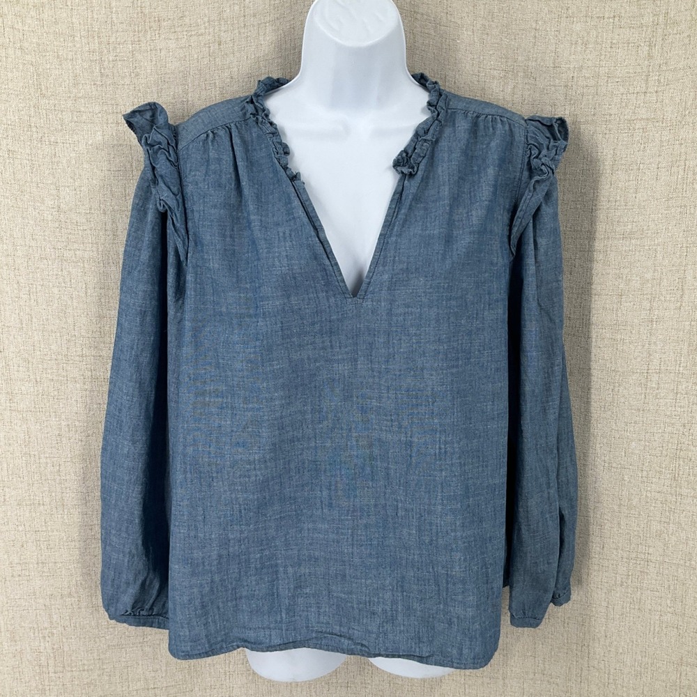 J.Crew Blouse Womens XL Blue Cotton Ruffle Shoulder V-Neck Long Sleeve Boho Top